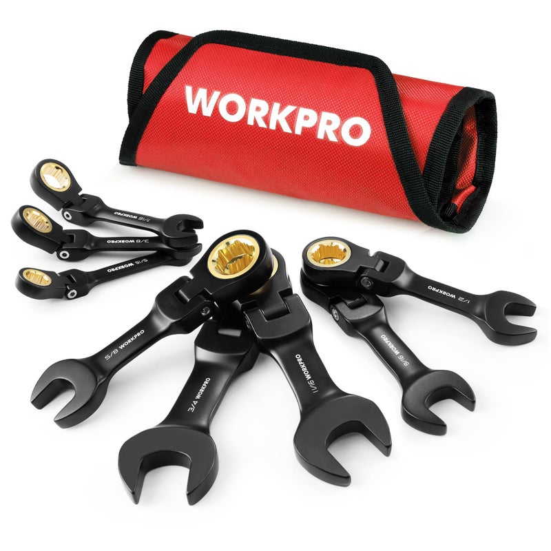 WORKPRO 8-Piece Stubby Anti-slip Ratcheting Combination Wrench Set  SAE 5/16-3/4 in  72-Teeth  CRV  Black Electrophoretic Coating  Flex-Head Wrench Set with Rolling Pouch - Image 1